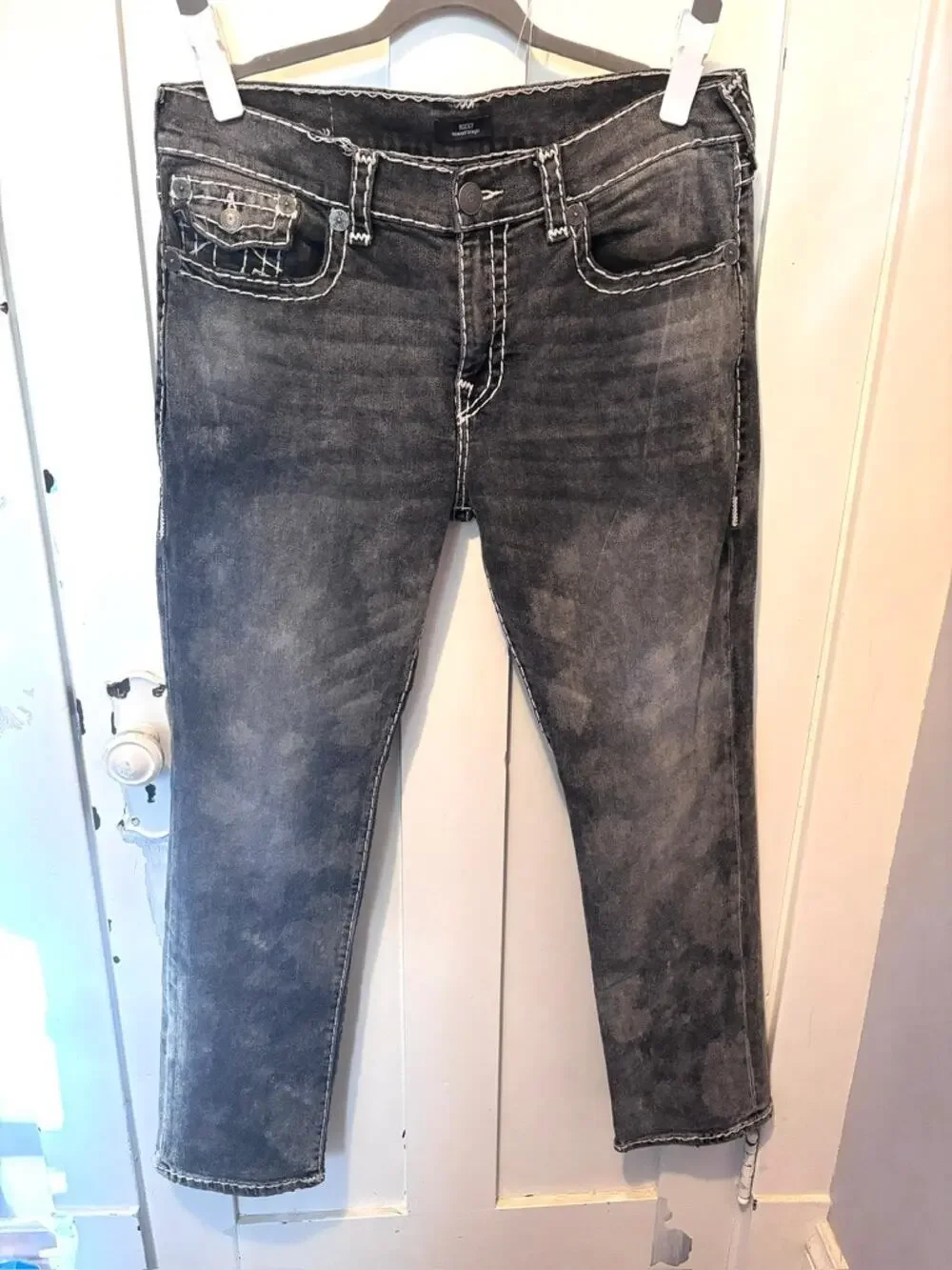 True Religion Ricky Relaxed Straight Jeans Size 38 ✨ Acid Wash Black Gray Y2K